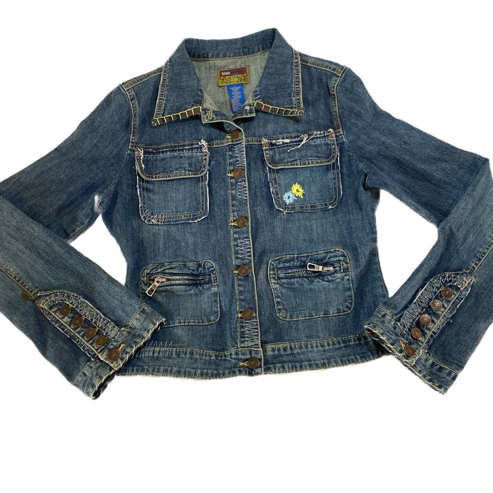 Vtg 90s Y2k Blue Asphalt Embroidered Floral Denim Jean Jacket Prairie Cottage L